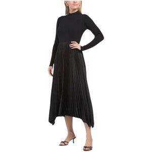 ELIE TAHARI Long Sleeve Mock Neck Midi Mixed Media Dress